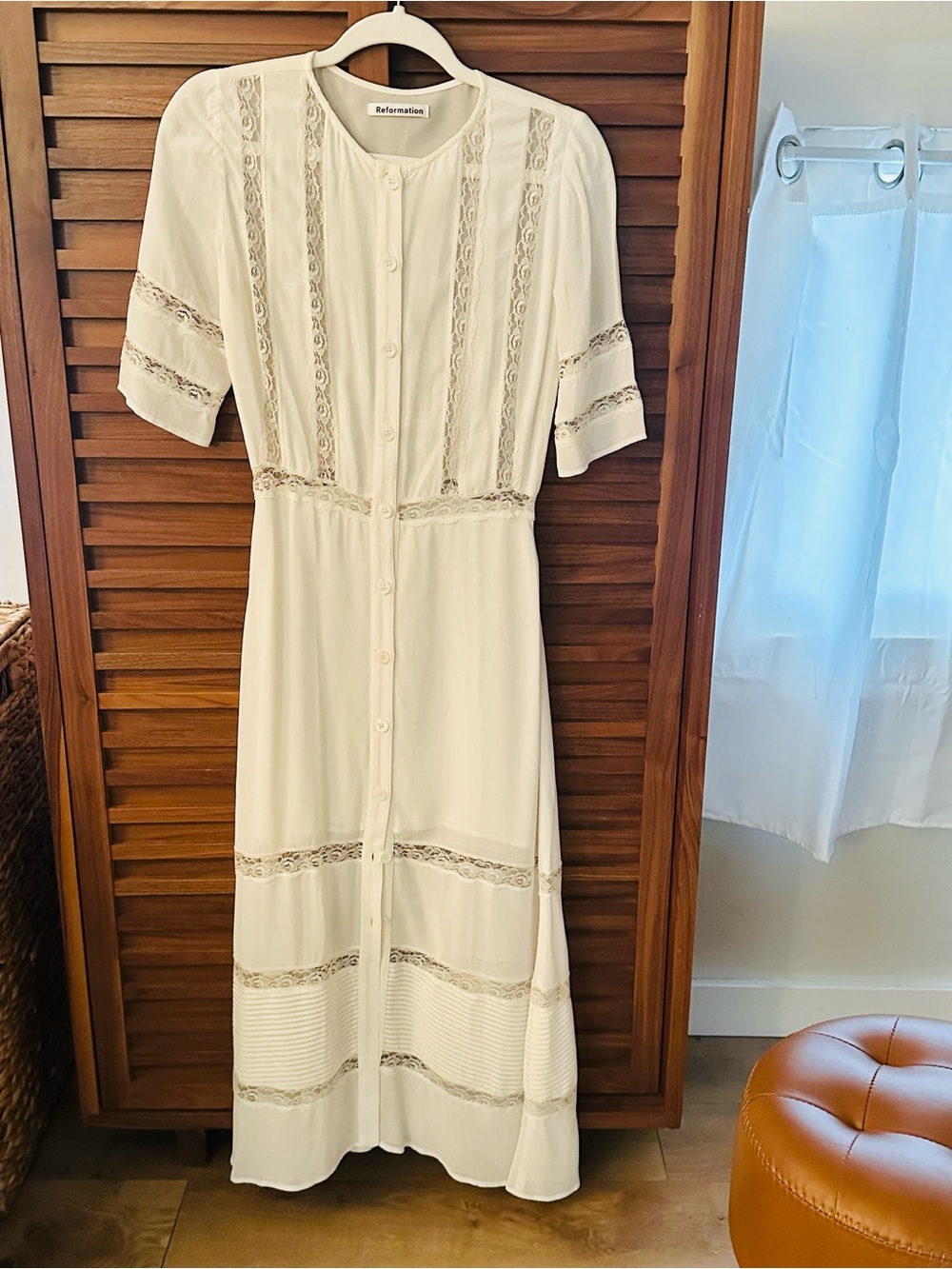 Reformation Cream Lace-Trim Button-Front Maxi Dress